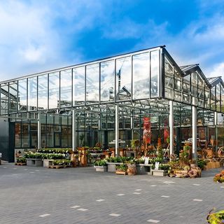 Außenansicht von Blumen Schönleber in Altdorf: Gewächshaus-Neubau mit Glasfassade bei Tageslicht